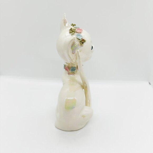 Vintage Lefton Luster Iridescent Cat Floral Flower Crown Pastel Rhinestone *FLAW - Picture 5 of 8